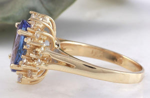 3.84 Carats Natural Very Nice Looking Tanzanite and Diamond 14K Solid Yellow Gold Ring