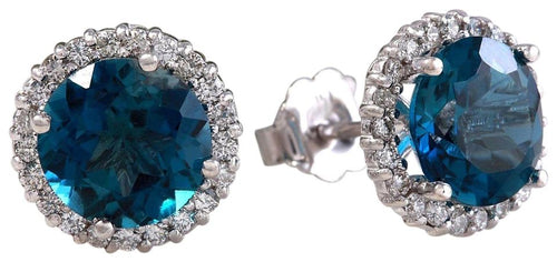 Exquisite 4.95 Carats Natural London Blue Topaz and Diamond 14K Solid White Gold Stud Earrings