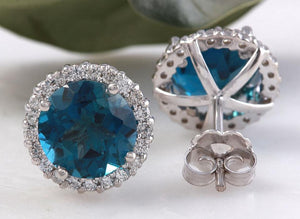 Exquisite 4.95 Carats Natural London Blue Topaz and Diamond 14K Solid White Gold Stud Earrings