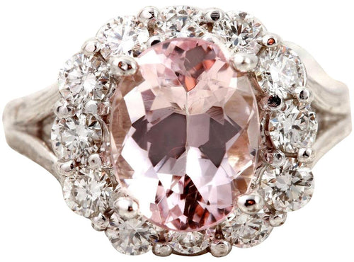 3.70 Carats Exquisite Natural Morganite and Diamond 14K Solid White Gold Ring