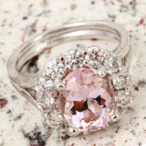 3.70 Carats Exquisite Natural Morganite and Diamond 14K Solid White Gold Ring