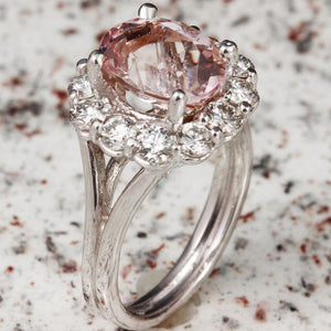 3.70 Carats Exquisite Natural Morganite and Diamond 14K Solid White Gold Ring