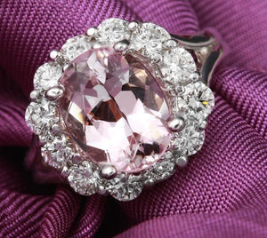 3.70 Carats Exquisite Natural Morganite and Diamond 14K Solid White Gold Ring