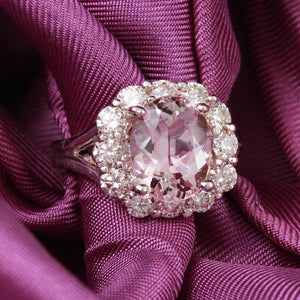 3.70 Carats Exquisite Natural Morganite and Diamond 14K Solid White Gold Ring