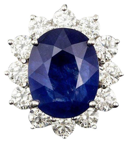 11.90 Carats Exquisite Natural Blue Sapphire and Diamond 14K Solid White Gold Ring