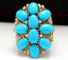 Load image into Gallery viewer, 6.80 Carats Impressive Natural Turquoise and Diamond 14K Yellow Gold Ring
