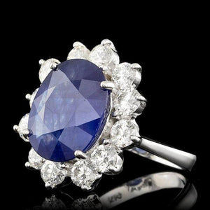 11.90 Carats Exquisite Natural Blue Sapphire and Diamond 14K Solid White Gold Ring