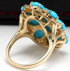 6.80 Carats Impressive Natural Turquoise and Diamond 14K Yellow Gold Ring