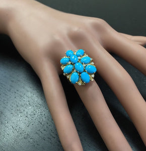 6.80 Carats Impressive Natural Turquoise and Diamond 14K Yellow Gold Ring