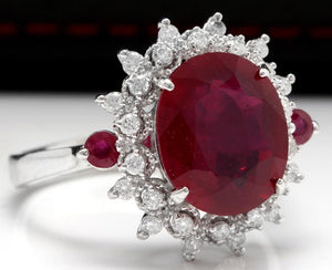 7.75 Carats Impressive Red Ruby and Diamond 14K White Gold Ring