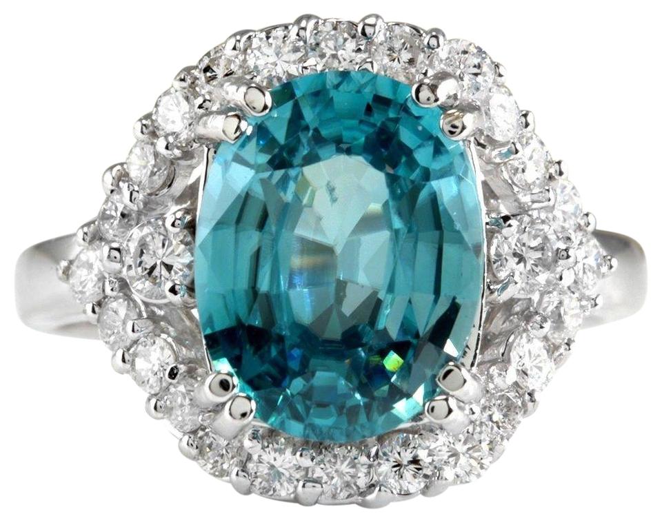 6.00 Carats Natural Very Nice Looking Blue Zircon and Diamond 14K Solid White Gold Ring