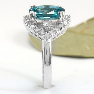 6.00 Carats Natural Very Nice Looking Blue Zircon and Diamond 14K Solid White Gold Ring