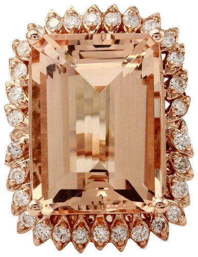 27.25 Carats Exquisite Natural Peach Morganite and Diamond 14K Solid Rose Gold Ring
