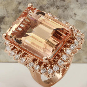 27.25 Carats Exquisite Natural Peach Morganite and Diamond 14K Solid Rose Gold Ring