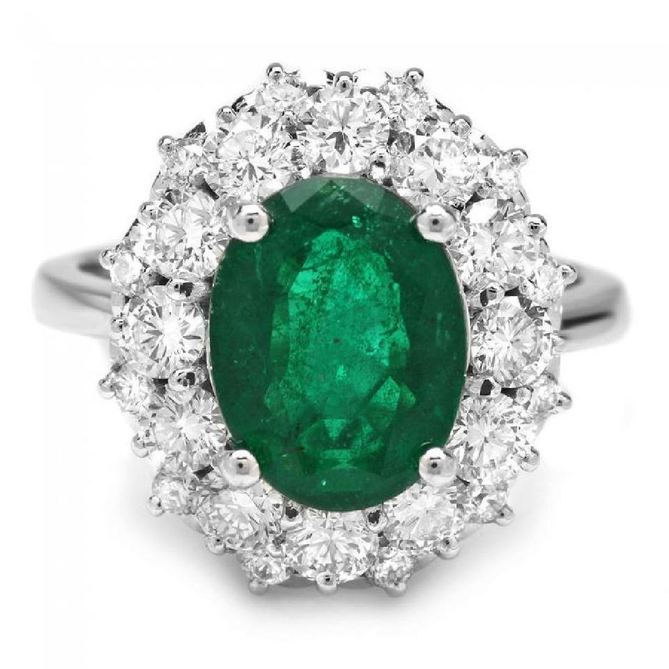 4.85 Carats Natural Emerald and Diamond 14K Solid White Gold Ring