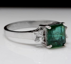 1.82 Carats Natural Emerald and Diamond 14K Solid White Gold Ring