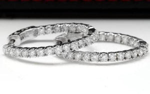 Exquisite 1.95 Carats Natural Diamond 14K Solid White Gold Hoop Earrings