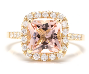 3.10 Carats Impressive Natural Morganite and Diamond 14K Yellow Gold Ring