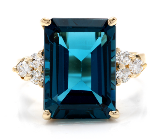 9.85 Carats Natural Impressive London Blue Topaz and Diamond 14K Yellow Gold Ring