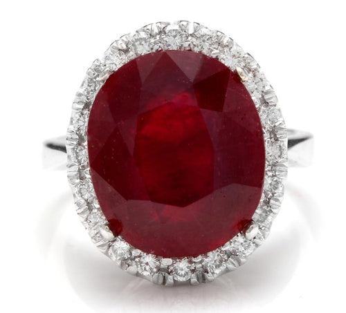 13.30 Carats Impressive Natural Red Ruby and Diamond 14K White Gold Ring