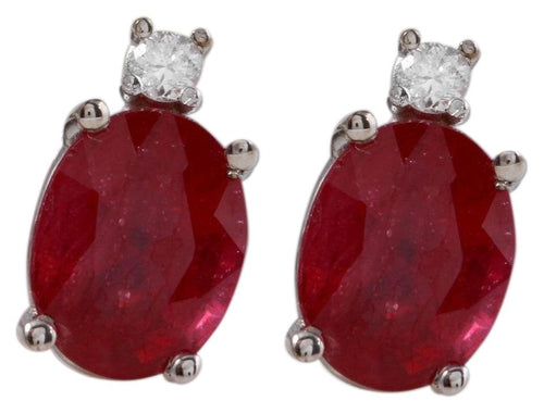 Exquisite 4.18 Carats Natural Red Ruby and Diamond 14K Solid White Gold Stud Earrings