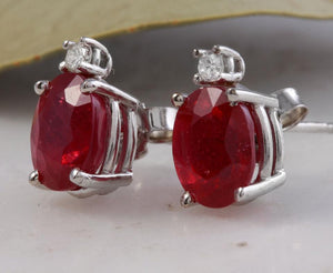 Exquisite 4.18 Carats Natural Red Ruby and Diamond 14K Solid White Gold Stud Earrings
