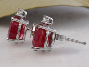 Exquisite 4.18 Carats Natural Red Ruby and Diamond 14K Solid White Gold Stud Earrings