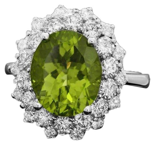 6.30 Carats Natural Peridot and Diamond 14K Solid White Gold Ring