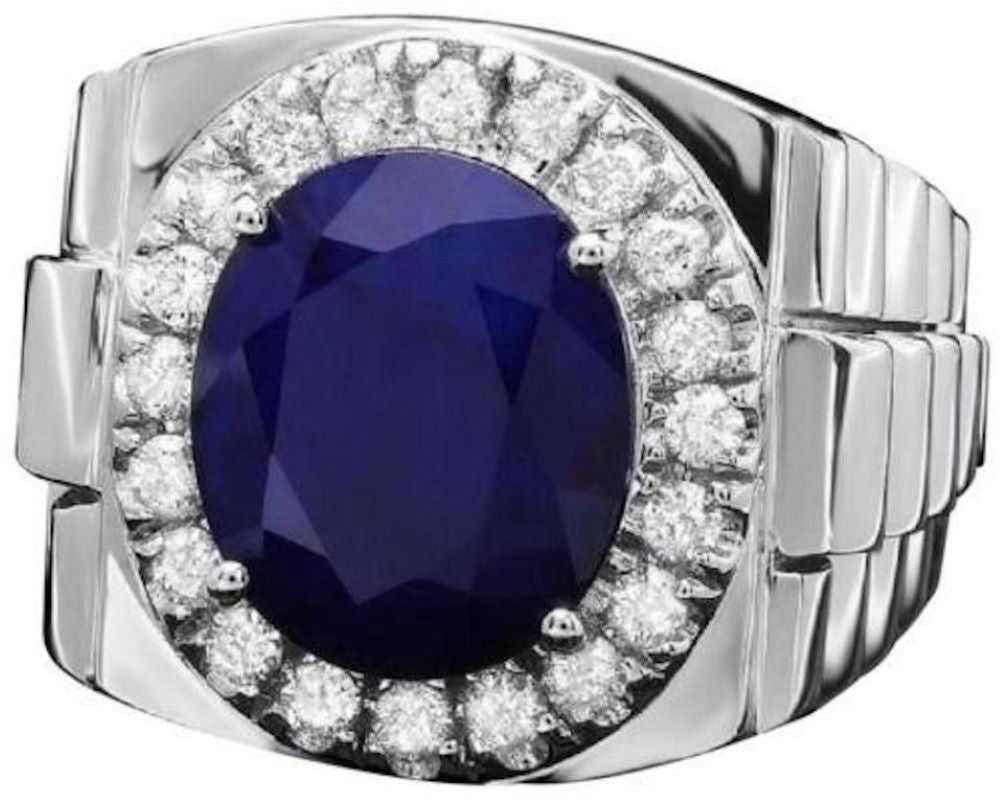 8.65 Carats Natural Diamond & Blue Sapphire 14K Solid White Gold Men's Ring