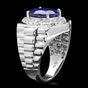 8.65 Carats Natural Diamond & Blue Sapphire 14K Solid White Gold Men's Ring