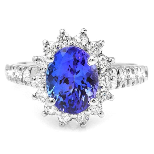 3.50 Carats Natural Very Nice Looking Tanzanite and Diamond 14K Solid White Gold Ring