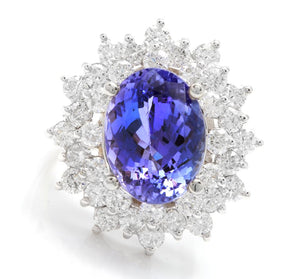 7.30 Carats Natural Very Nice Looking Tanzanite and Diamond 14K Solid White Gold Ring