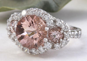 4.90 Carats Exquisite Natural Peach Morganite and Diamond 14K Solid White Gold Ring