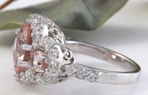 4.90 Carats Exquisite Natural Peach Morganite and Diamond 14K Solid White Gold Ring