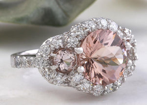 4.90 Carats Exquisite Natural Peach Morganite and Diamond 14K Solid White Gold Ring