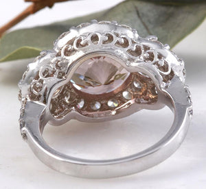 4.90 Carats Exquisite Natural Peach Morganite and Diamond 14K Solid White Gold Ring