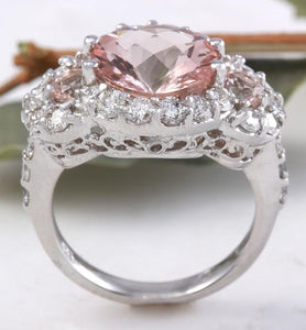 4.90 Carats Exquisite Natural Peach Morganite and Diamond 14K Solid White Gold Ring