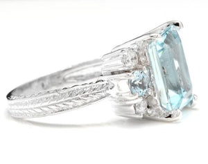 4.80 Carats Natural Aquamarine and Diamond 14K Solid White Gold Ring