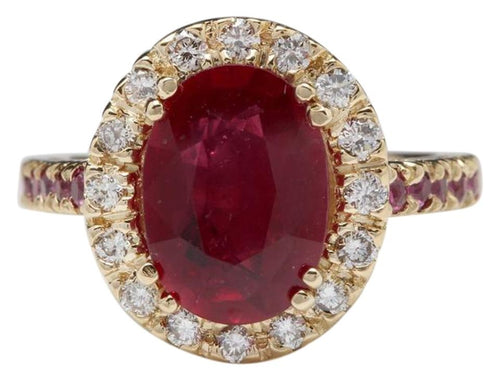 4.32 Carats Gorgeous Natural Red Ruby and Diamond 14K Solid Yellow Gold Ring