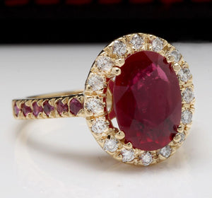 4.32 Carats Gorgeous Natural Red Ruby and Diamond 14K Solid Yellow Gold Ring