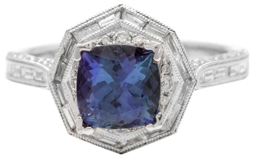 2.35 Carats Natural Very Nice Looking Tanzanite and Diamond 18K Solid White Gold Ring