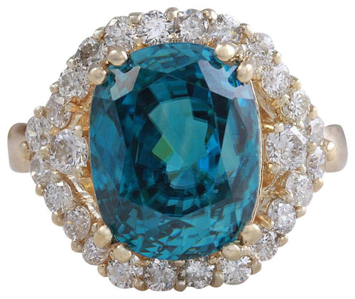 8.70 Carats Natural Very Nice Looking Blue Zircon and Diamond 14K Yellow Gold Ring