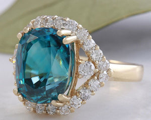 8.70 Carats Natural Very Nice Looking Blue Zircon and Diamond 14K Yellow Gold Ring