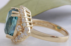 8.70 Carats Natural Very Nice Looking Blue Zircon and Diamond 14K Yellow Gold Ring