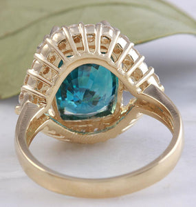 8.70 Carats Natural Very Nice Looking Blue Zircon and Diamond 14K Yellow Gold Ring