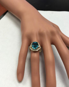 8.70 Carats Natural Very Nice Looking Blue Zircon and Diamond 14K Yellow Gold Ring