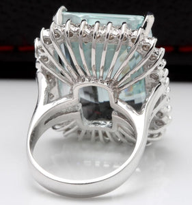 32.00 Carats Natural Aquamarine and Diamond 14K Solid White Gold Ring