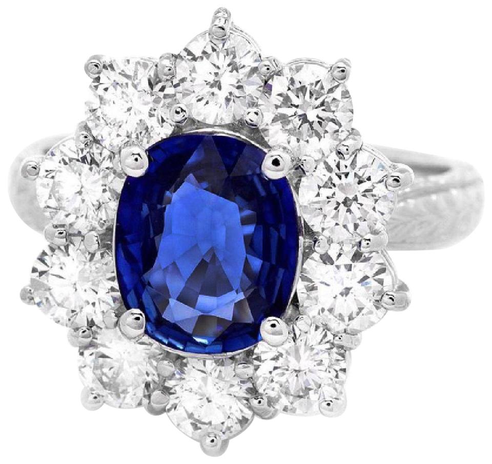 3.60 Carats Exquisite Natural Blue Sapphire and Diamond 14K Solid White Gold Ring