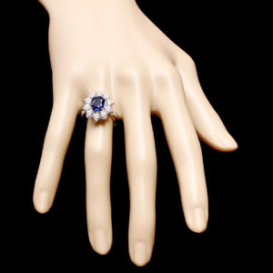 3.60 Carats Exquisite Natural Blue Sapphire and Diamond 14K Solid White Gold Ring