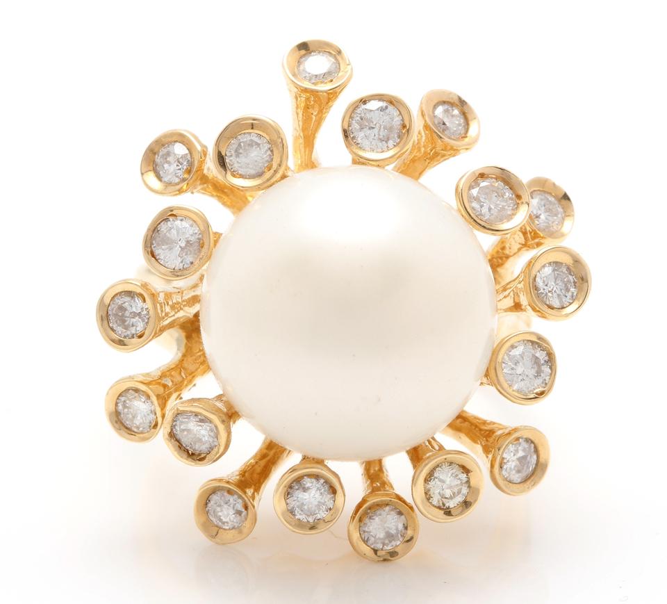 Splendid Natural 15mm South Sea Pearl and Diamond 14K Solid Yellow Gold Ring